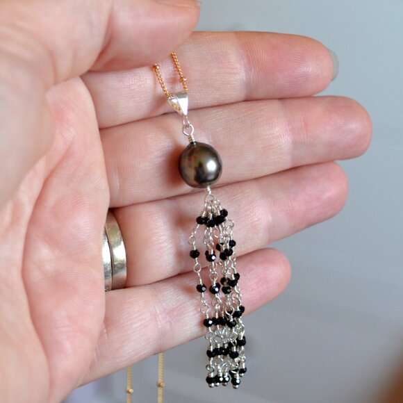 Tahitian Pearl Necklace with Black Gemstone Tassel in Gold and Silver - Picture 5 of 6